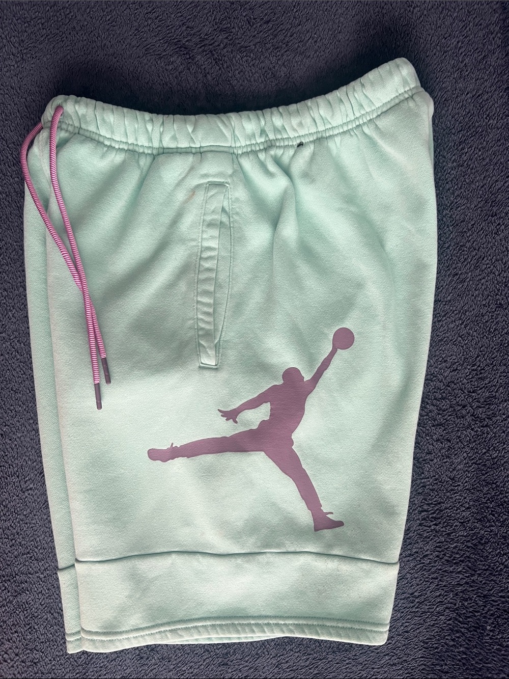 Jordan Mint Green Shorts with Purple Jumpman and Purple Drawcord